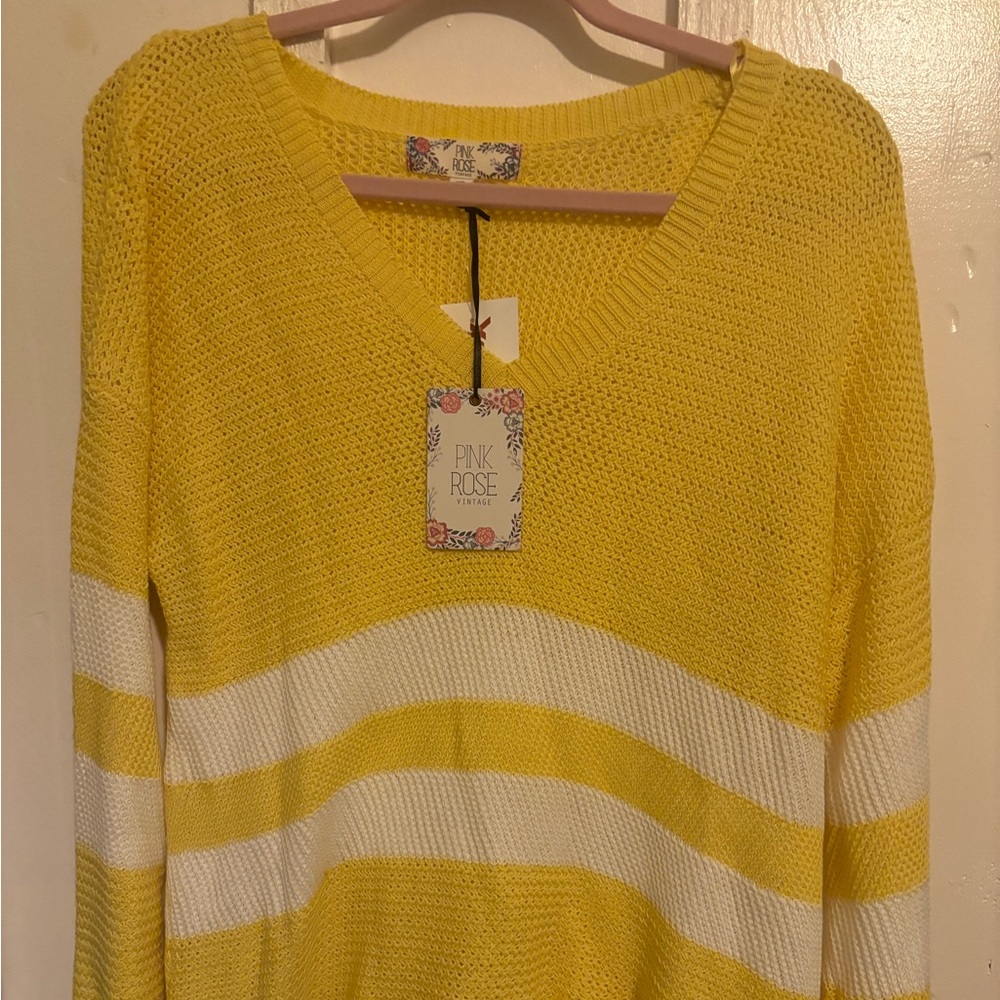 Pink Rose V-Neck Sweater in Sunny Yellow and Crisp White
